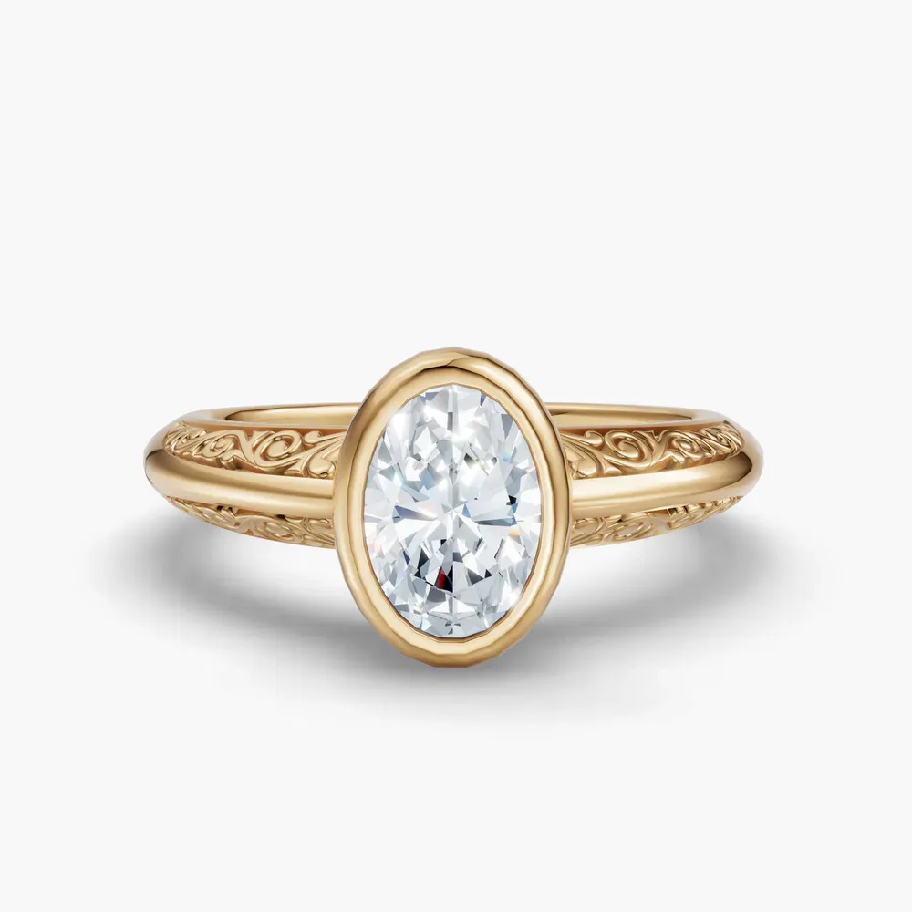 Certified 1 carat Lab Grown Diamond Oval Cut Solitaire, Vintage, Bezel Engagement Ring in 14K Yellow Gold-Veyra