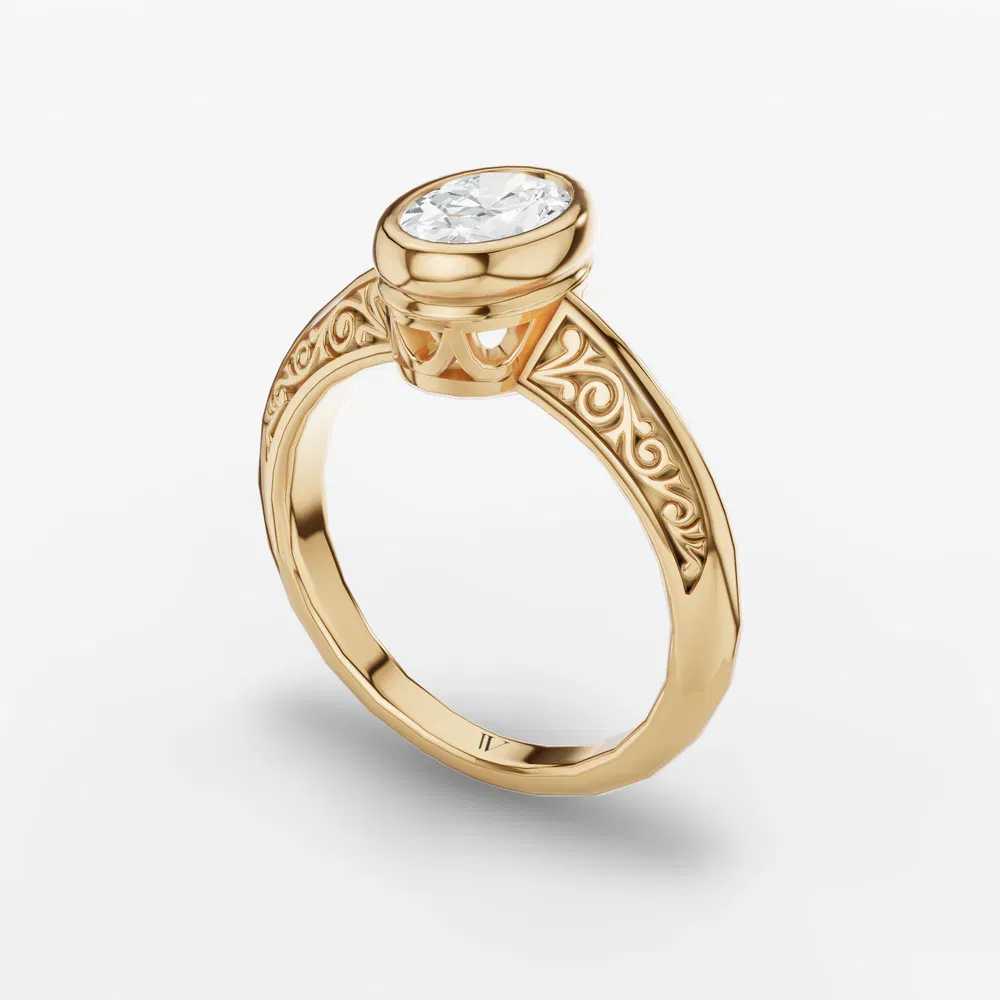 Certified 1 carat Lab Grown Diamond Oval Cut Solitaire, Vintage, Bezel Engagement Ring in 14K Yellow Gold-Veyra