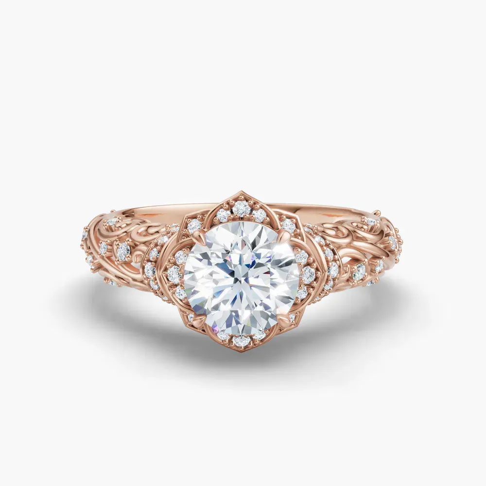Certified 1 carat Lab Grown Diamond Round Cut Vintage, Filigree, Floral Engagement Ring in 14K Rose Gold-Delyn