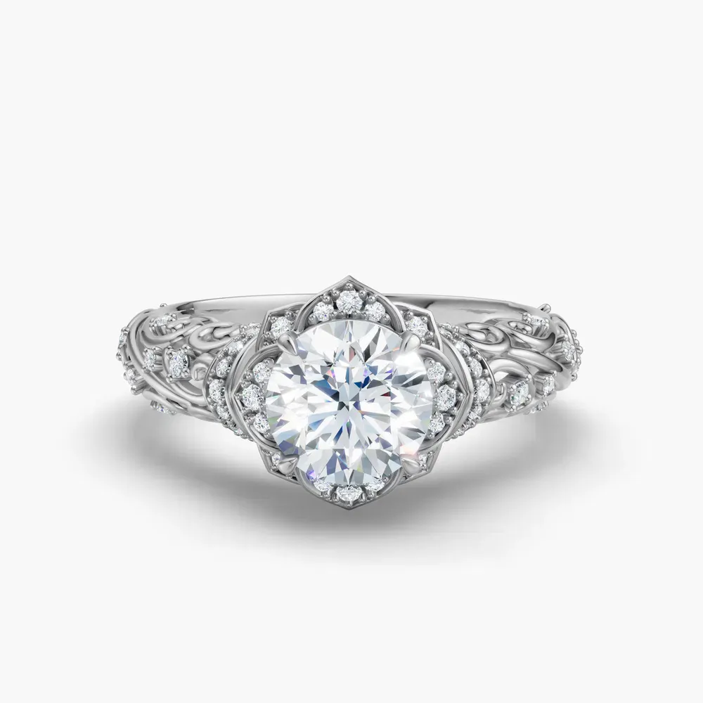 Certified 1 carat Lab Grown Diamond Round Cut Vintage, Filigree, Floral Engagement Ring in 14K White Gold-Delyn