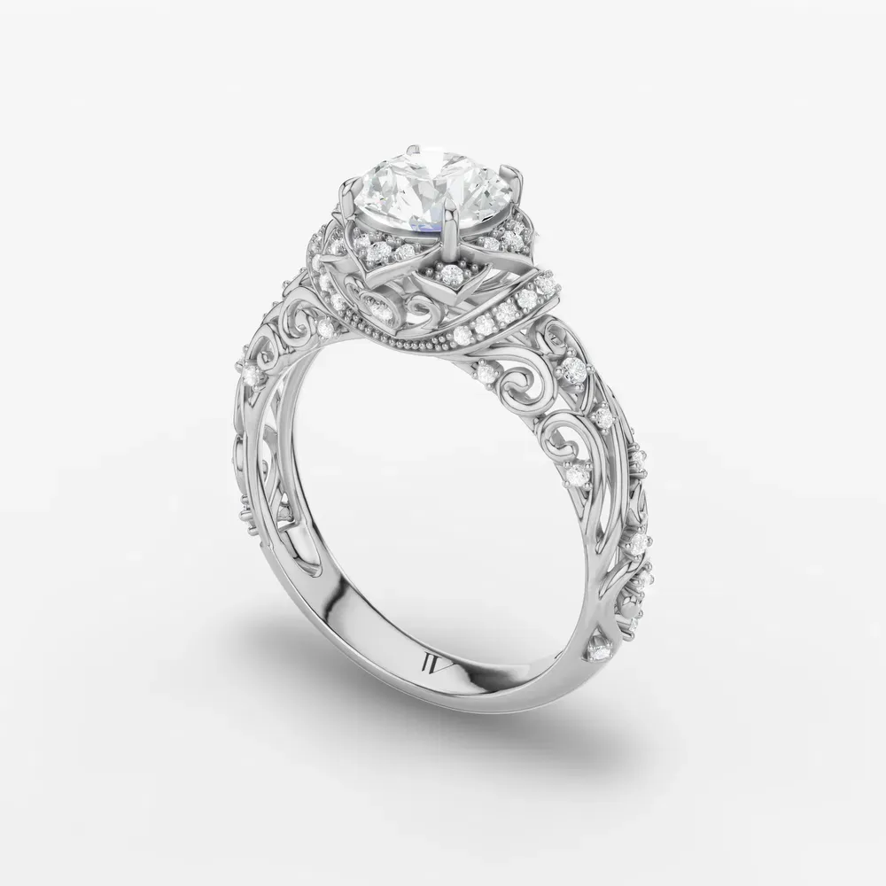 Certified 1 carat Lab Grown Diamond Round Cut Vintage, Filigree, Floral Engagement Ring in 14K White Gold-Delyn