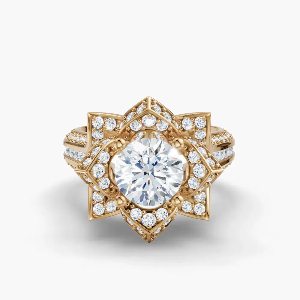 Certified 1 carat Lab Grown Diamond Round Cut Vintage, Floral, Unique Engagement Ring in 14K Yellow Gold-Zirix