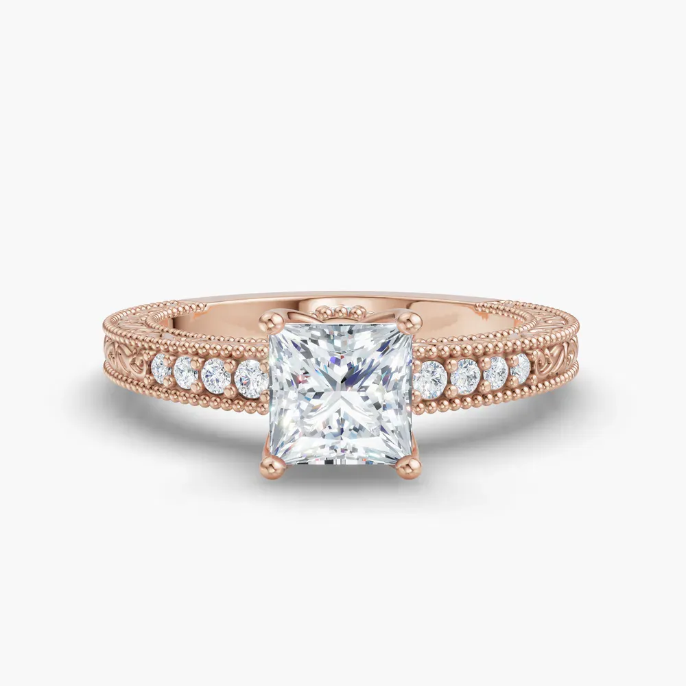 Certified 1 carat Lab Grown Diamond Princess Cut Vintage, Milgrain, Side Stone Engagement Ring in 14K Rose Gold-Meren