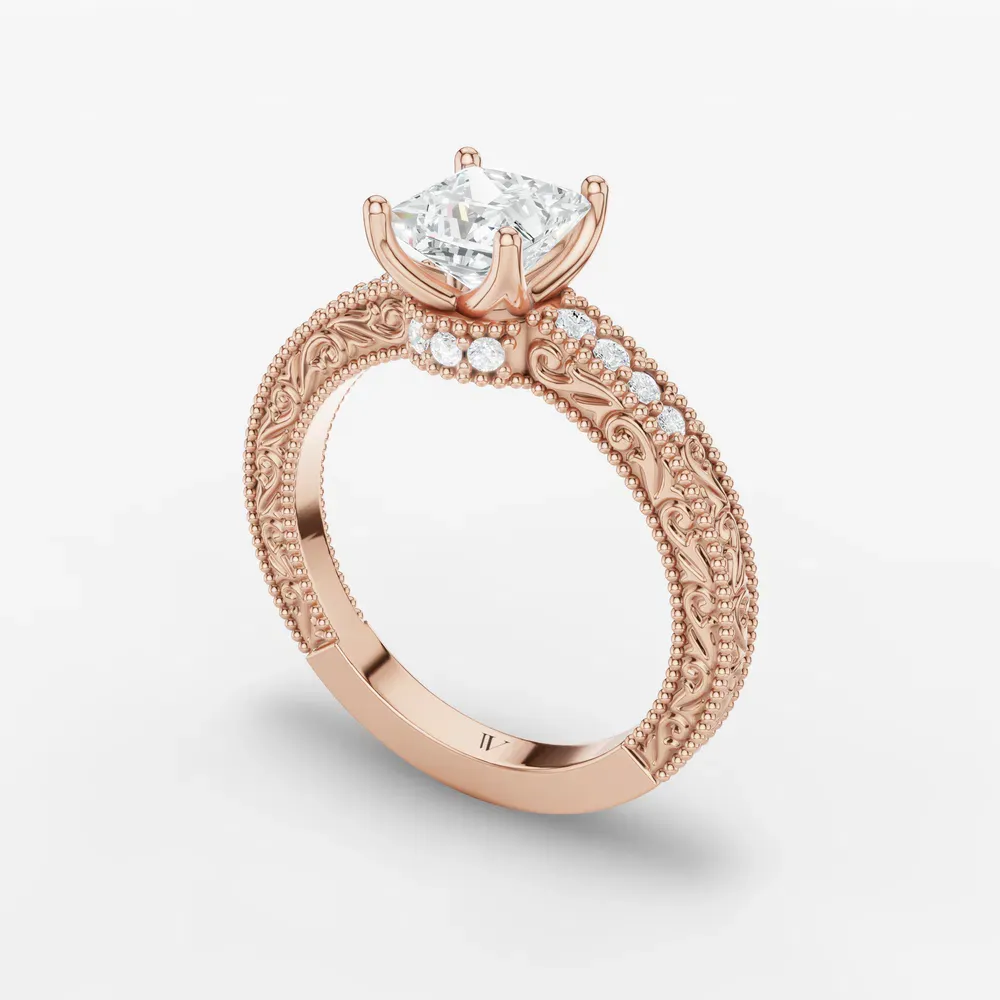 Certified 1 carat Lab Grown Diamond Princess Cut Vintage, Milgrain, Side Stone Engagement Ring in 14K Rose Gold-Meren