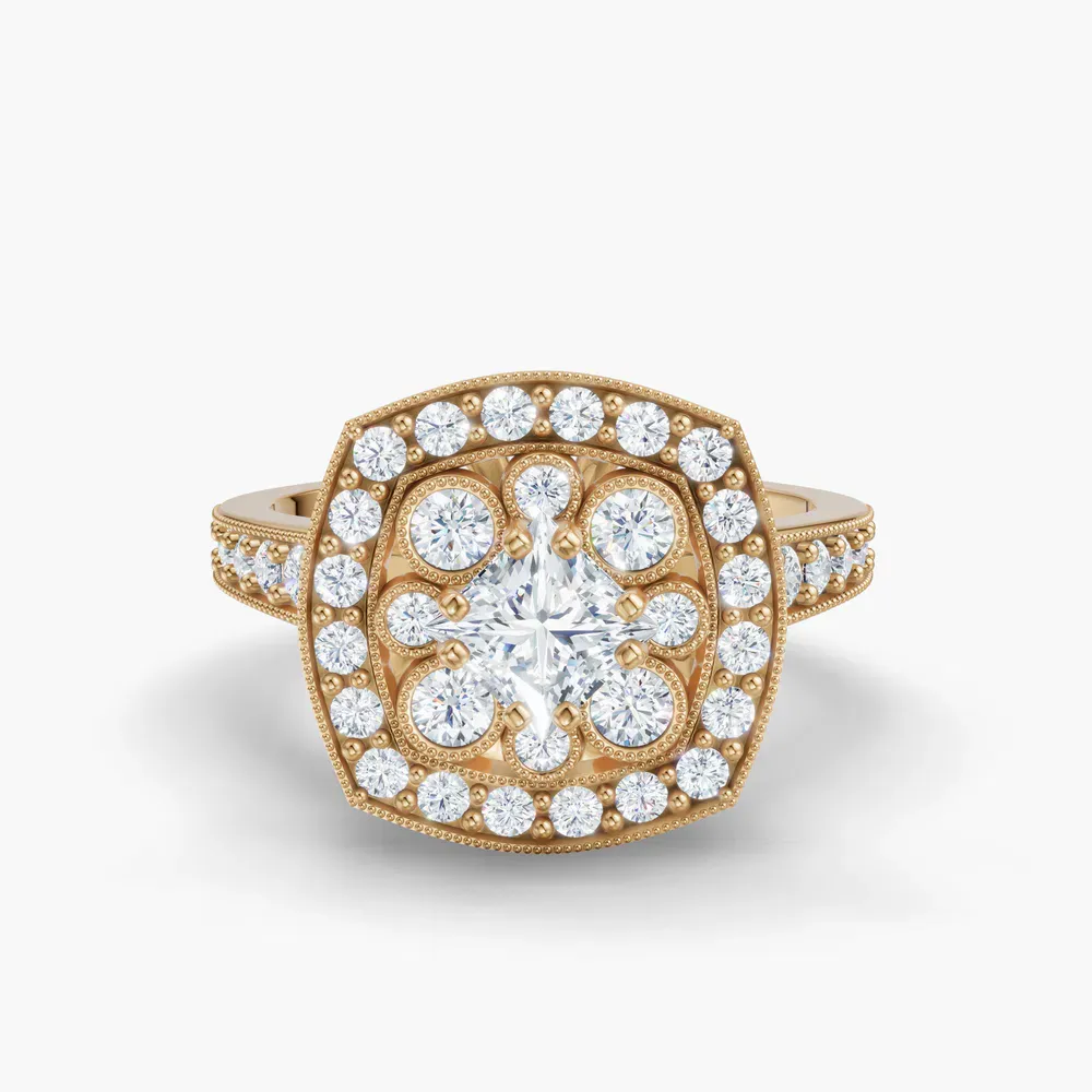 Certified 0.5 carat Lab Grown Diamond Princess Cut Vintage, Double halo, Cluster Engagement Ring in 14K Yellow Gold-Isolde