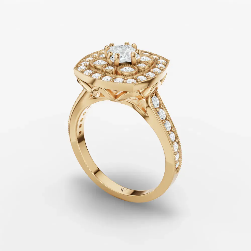 Certified 0.5 carat Lab Grown Diamond Princess Cut Vintage, Double halo, Cluster Engagement Ring in 14K Yellow Gold-Isolde