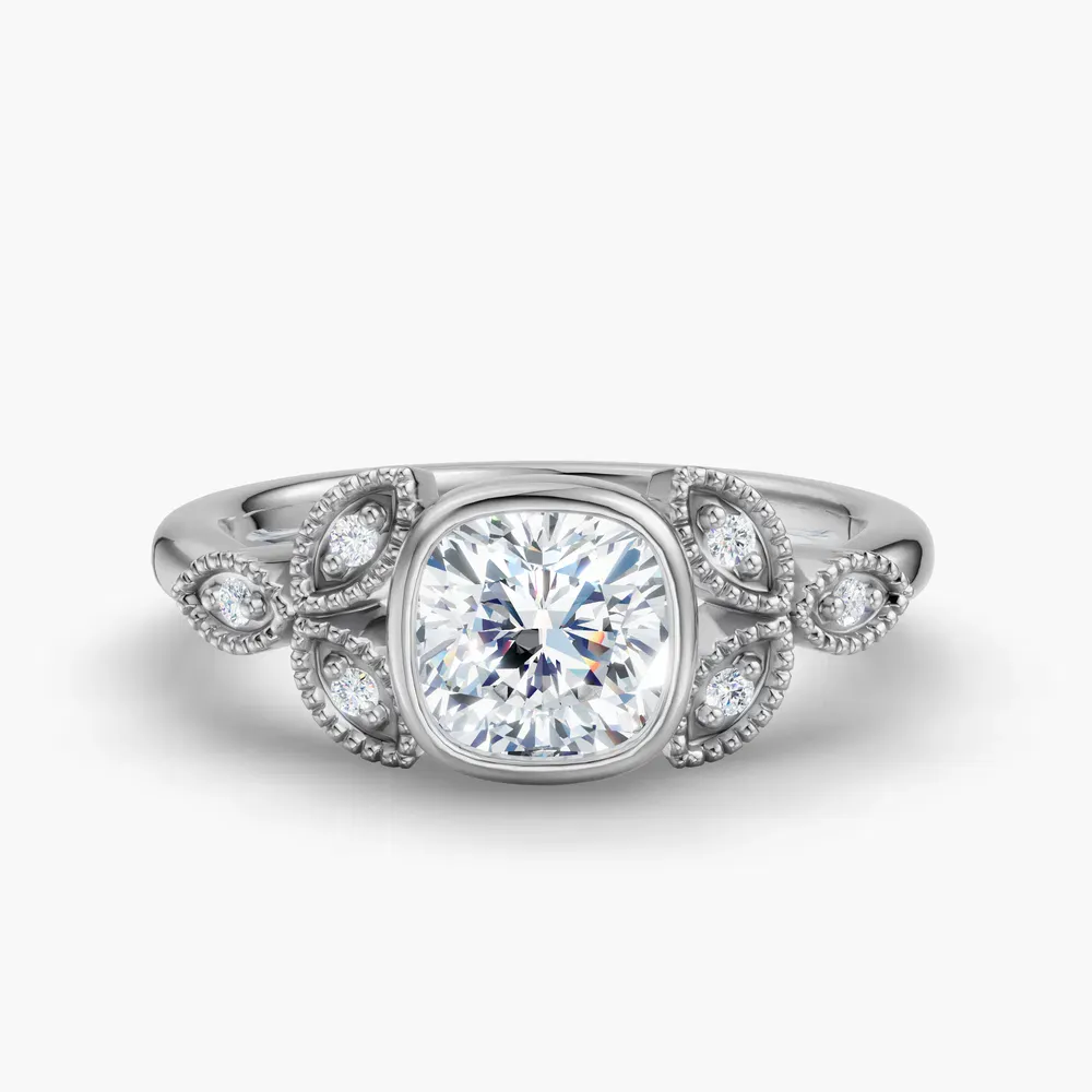 Certified 1 carat Lab Grown Diamond Cushion Cut Vintage, Bezel, Nature inspired Engagement Ring in 14K White Gold-Laurel