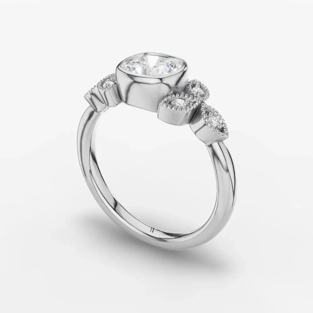 Certified 1 carat Lab Grown Diamond Cushion Cut Vintage, Bezel, Nature inspired Engagement Ring in 14K White Gold-Laurel