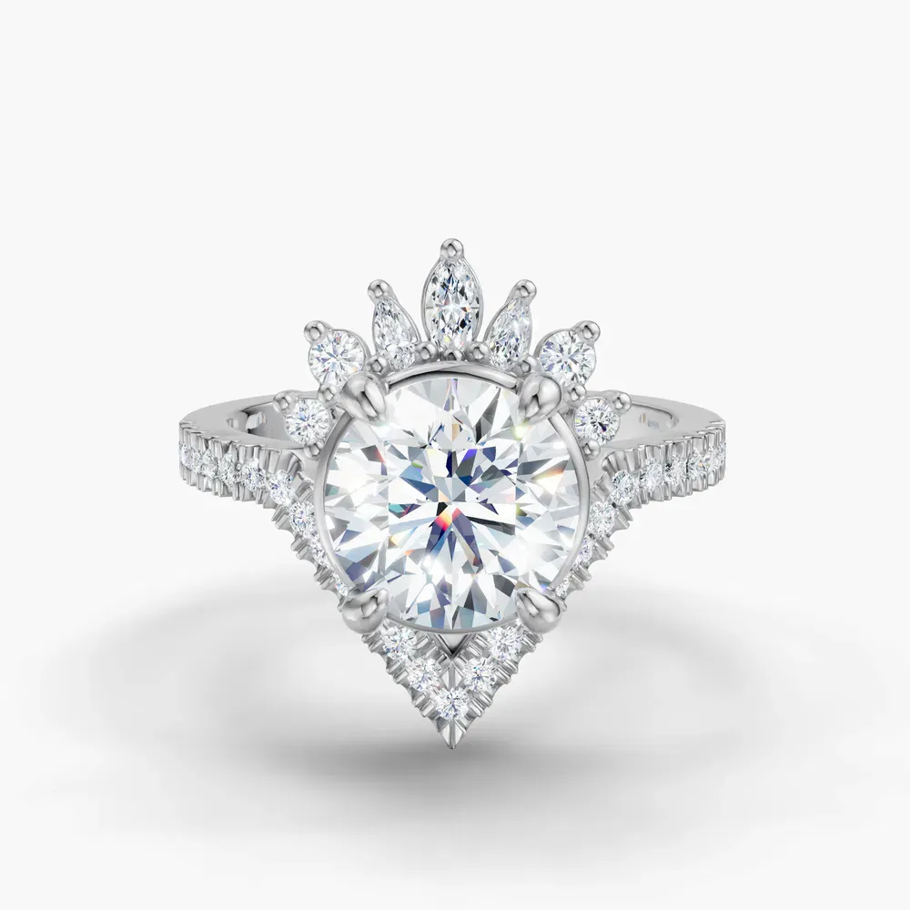 Certified 2 carat Lab Grown Diamond Round Cut Unique, Art Deco, Side Stone Engagement Ring in 14K White Gold-Tiara