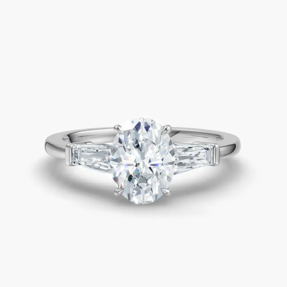 Certified 1 carat Lab Grown Diamond Oval Cut Three Stone, Baguette, Cathedral Engagement Ring in 14K White Gold-Glyss