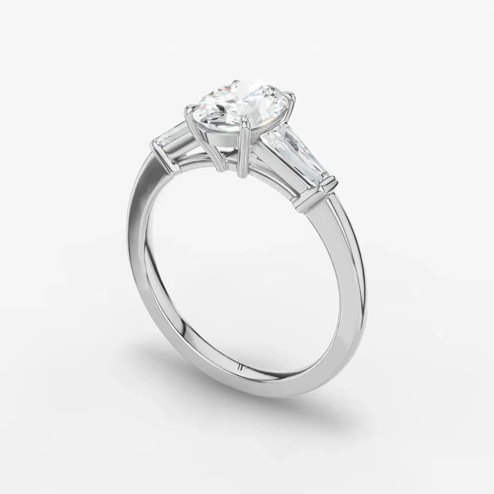 Certified 1 carat Lab Grown Diamond Oval Cut Three Stone, Baguette, Cathedral Engagement Ring in 14K White Gold-Glyss