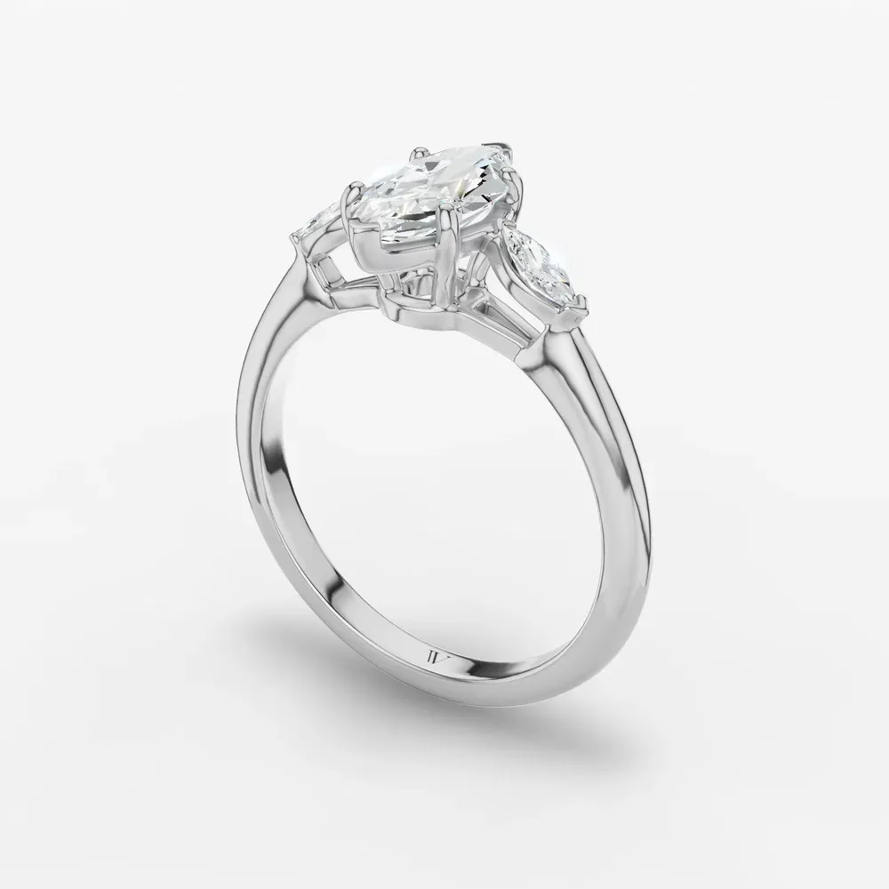 Certified 1 carat Lab Grown Diamond Marquise Cut Three Stone, Side Stone Engagement Ring in 18K White Gold-Glow