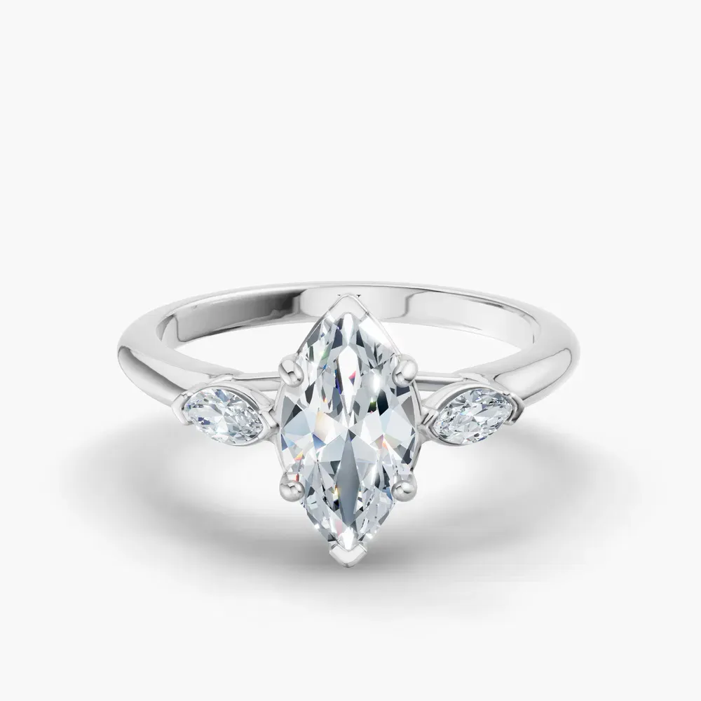 Certified 1 carat Lab Grown Diamond Marquise Cut Three Stone, Side Stone Engagement Ring in 18K White Gold-Glow
