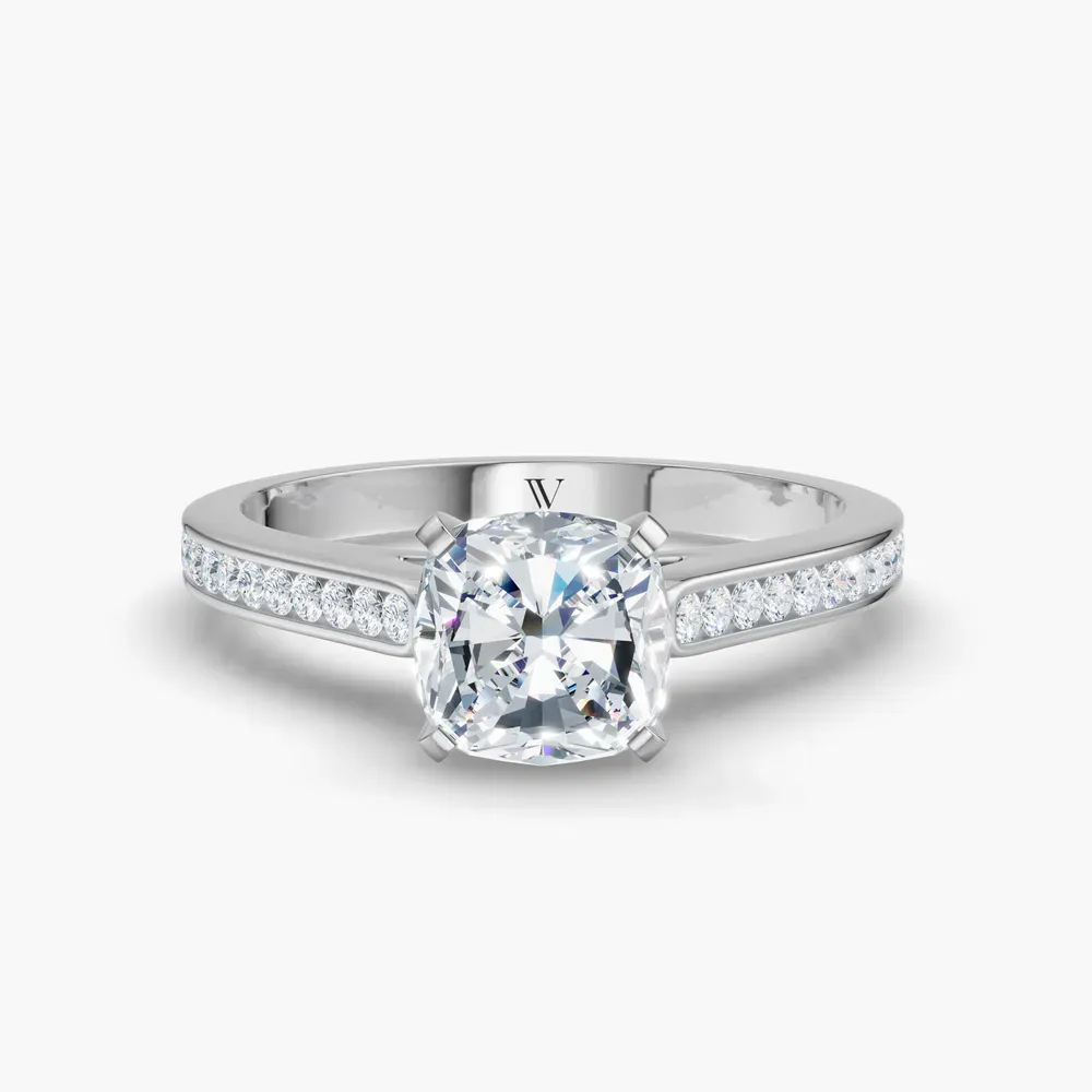 Certified 1 carat Lab Grown Diamond Cushion Cut Cathedral, Channel Set Engagement Ring in 18K White Gold-Velora