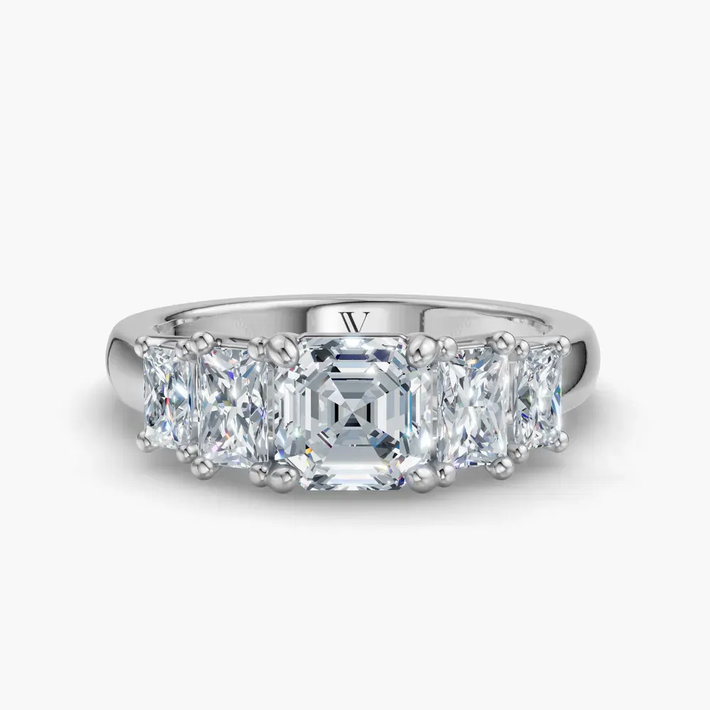 Certified 1 carat Lab Grown Diamond Asscher Cut Five Stone, Side Stone Engagement Ring in 14K White Gold-Velaris
