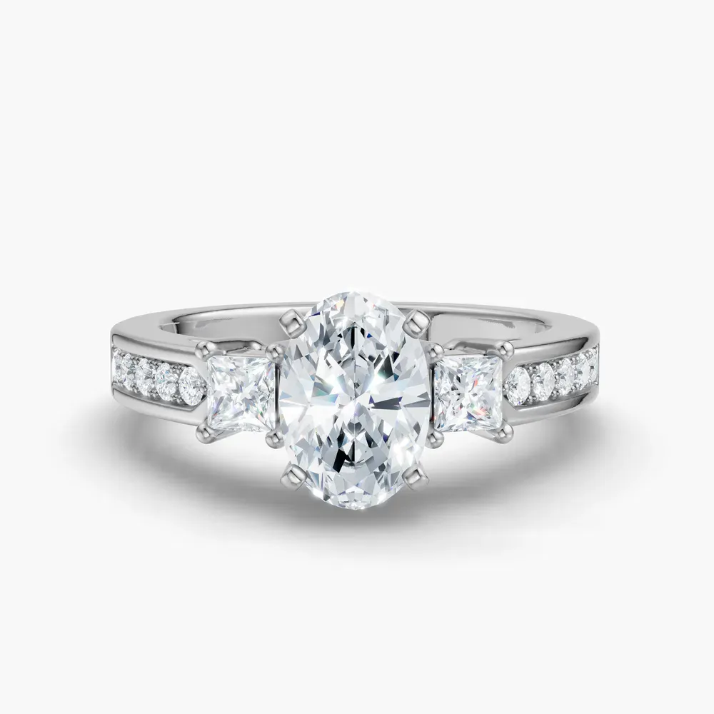 Certified 1 carat Lab Grown Diamond Oval Cut Three Stone, Pavé, Channel Set Engagement Ring in 18K White Gold-Velis