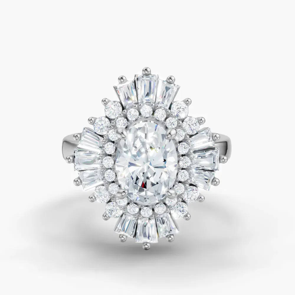 Certified 1.5 carat Lab Grown Diamond Oval Cut Double halo, Baguette, Floral Engagement Ring in 18K White Gold-Dawn