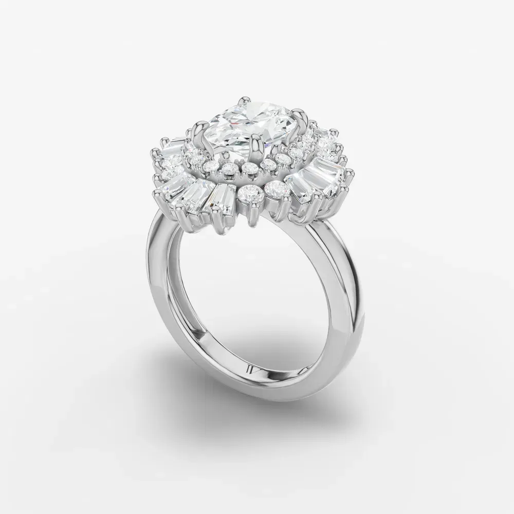 Certified 1.5 carat Lab Grown Diamond Oval Cut Double halo, Baguette, Floral Engagement Ring in 18K White Gold-Dawn