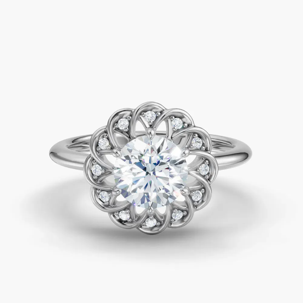 Certified 1 carat Lab Grown Diamond Round Cut Floral, Nature inspired, Six Prong Engagement Ring in 18K White Gold-Gleam