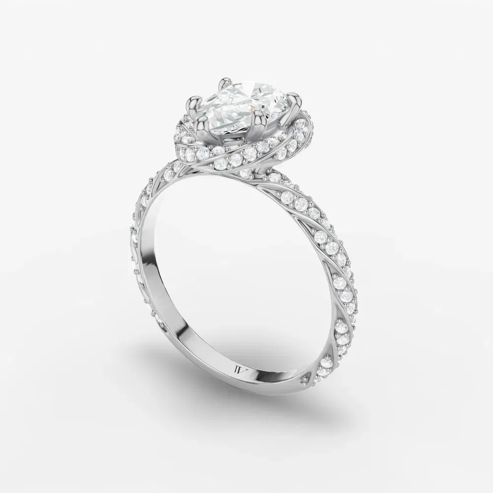 Certified 1 carat Lab Grown Diamond Pear Cut Halo, Floral, Twist Engagement Ring in 14K White Gold-Moxl