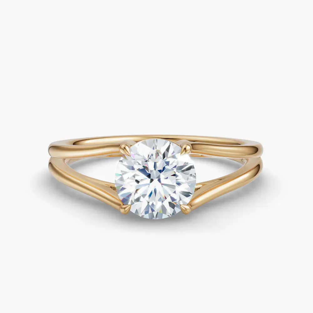 Certified 1 carat Lab Grown Diamond Round Cut Split Shank, Solitaire, Low profile Engagement Ring in 14K Yellow Gold-Wraith