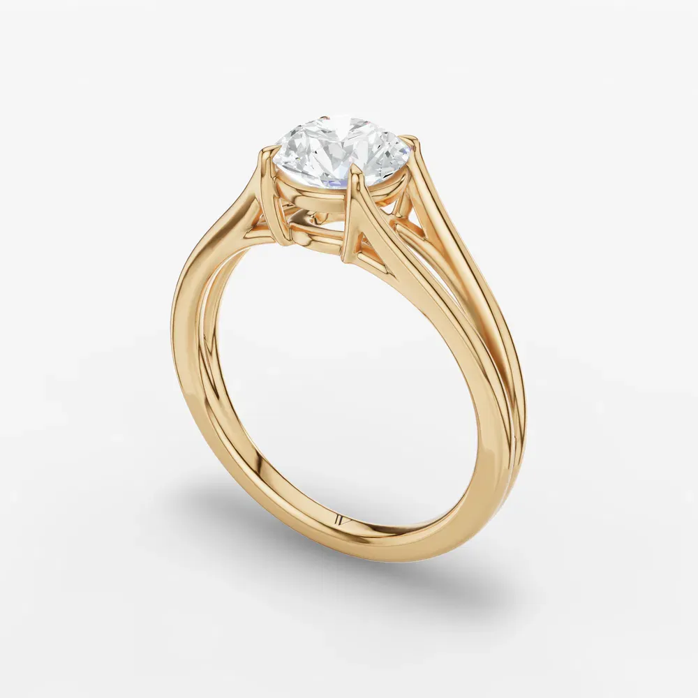 Certified 1 carat Lab Grown Diamond Round Cut Split Shank, Solitaire, Low profile Engagement Ring in 14K Yellow Gold-Wraith