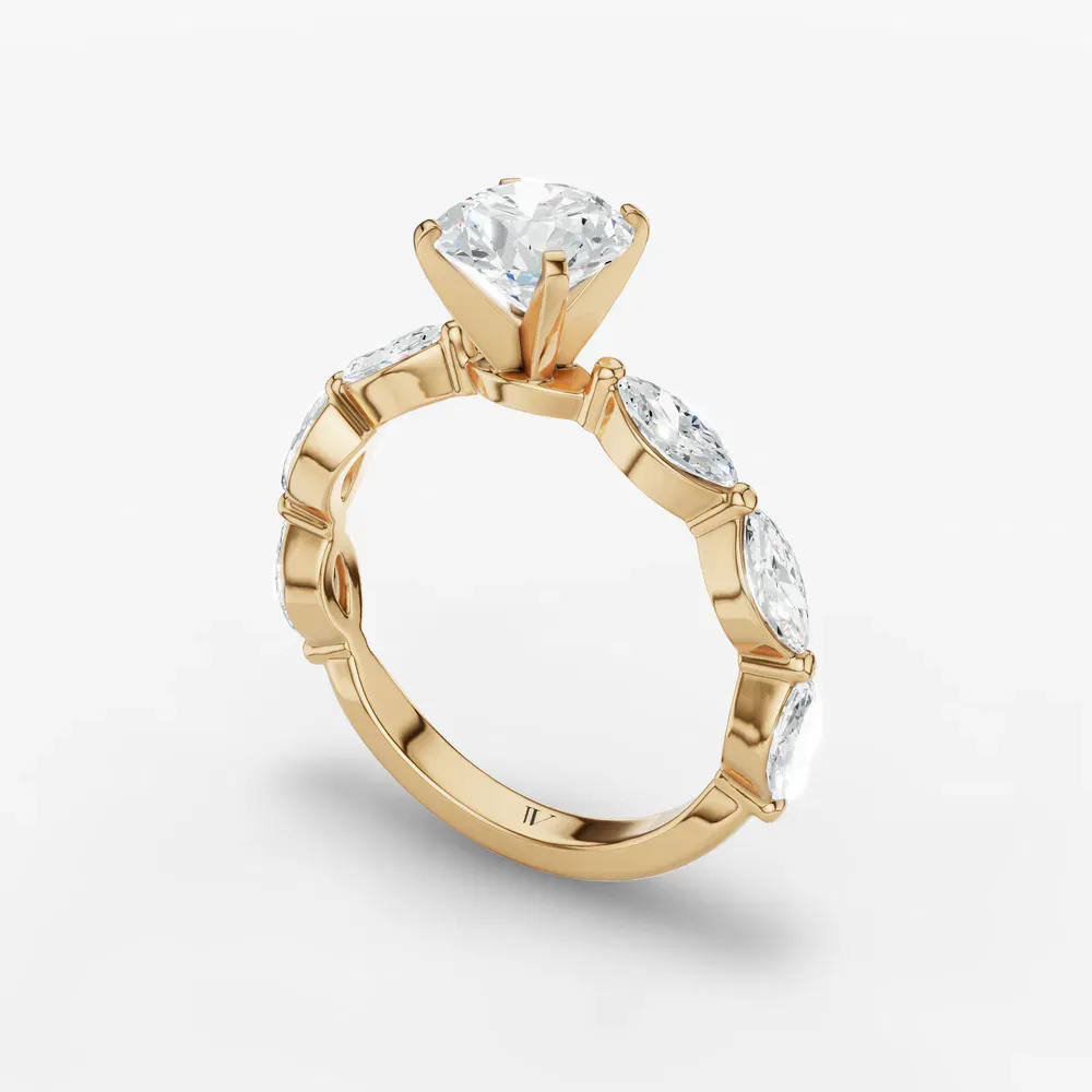 Certified 1 carat Lab Grown Diamond Round Cut Four Prong, Side Stone Engagement Ring in 14K Yellow Gold-Trind