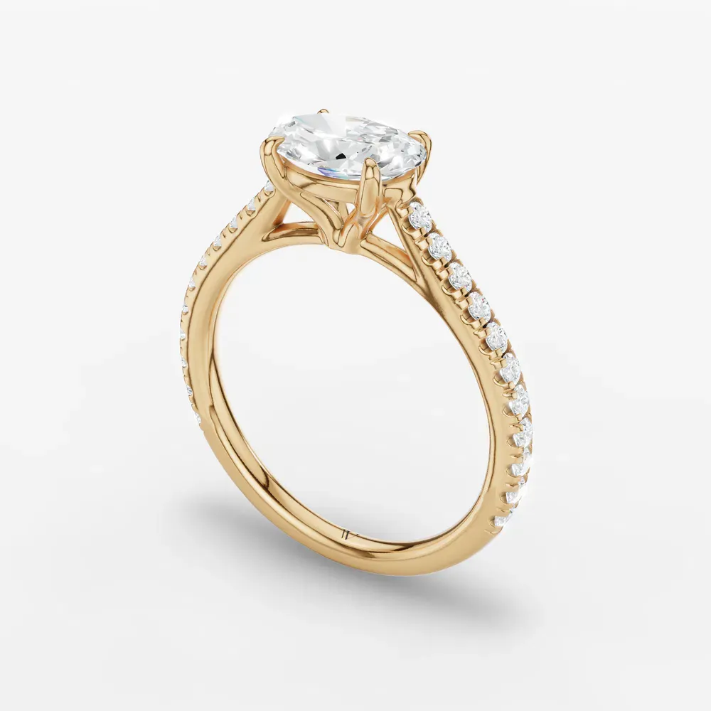 Certified 1 carat Lab Grown Diamond Oval Cut Pavé, Cathedral, East-West Engagement Ring in 14K Yellow Gold-Uma