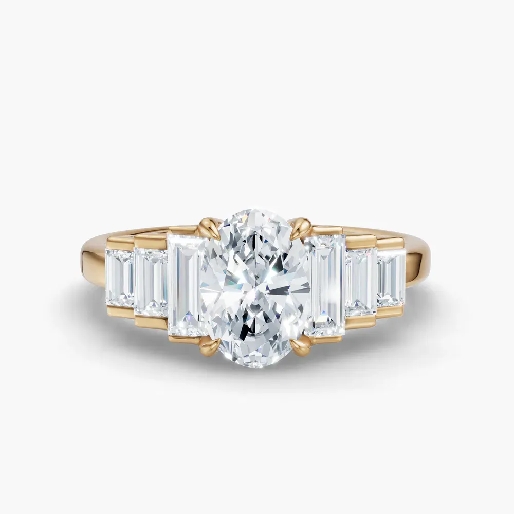 Certified 1 carat Lab Grown Diamond Oval Cut Baguette, Art Deco, Side Stone Engagement Ring in 18K Yellow Gold-Zepy