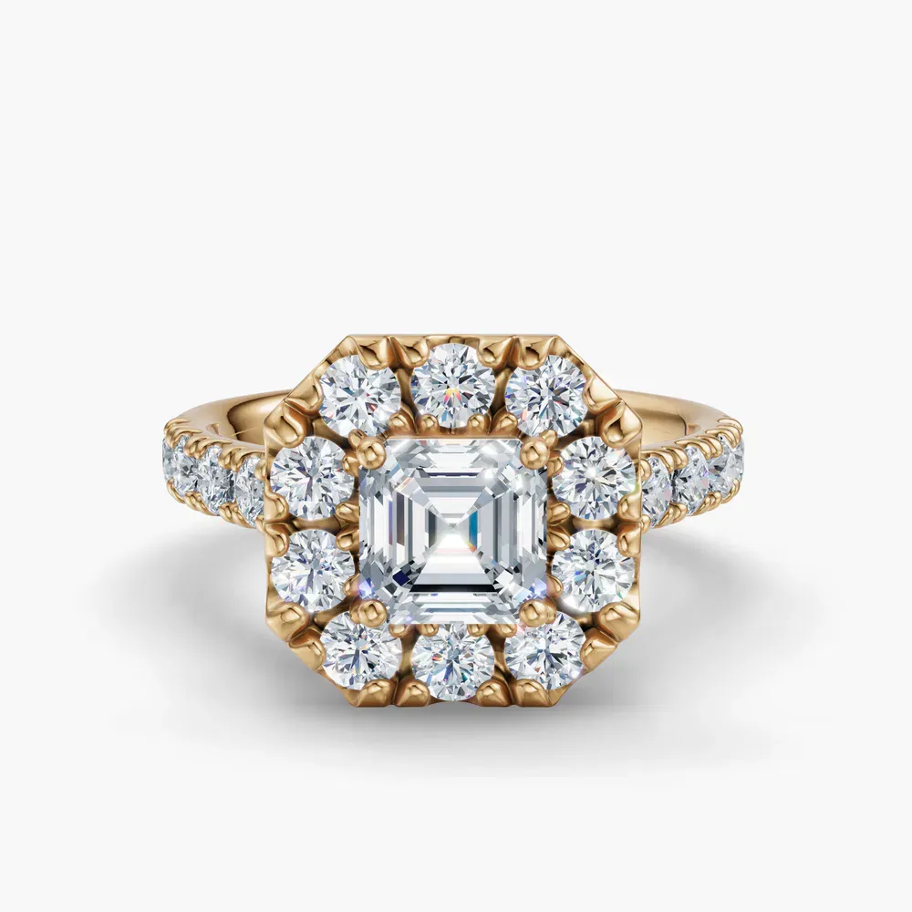 Certified 1 carat Lab Grown Diamond Asscher Cut Halo, Pavé, Cathedral Engagement Ring in 14K Yellow Gold-Astrid