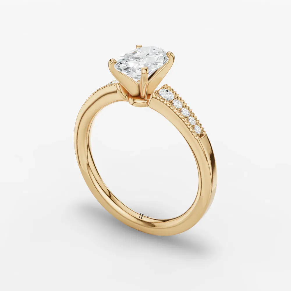 Certified 1 carat Lab Grown Diamond Oval Cut Milgrain, Pavé, Side Stone Engagement Ring in 18K Yellow Gold-Rosca