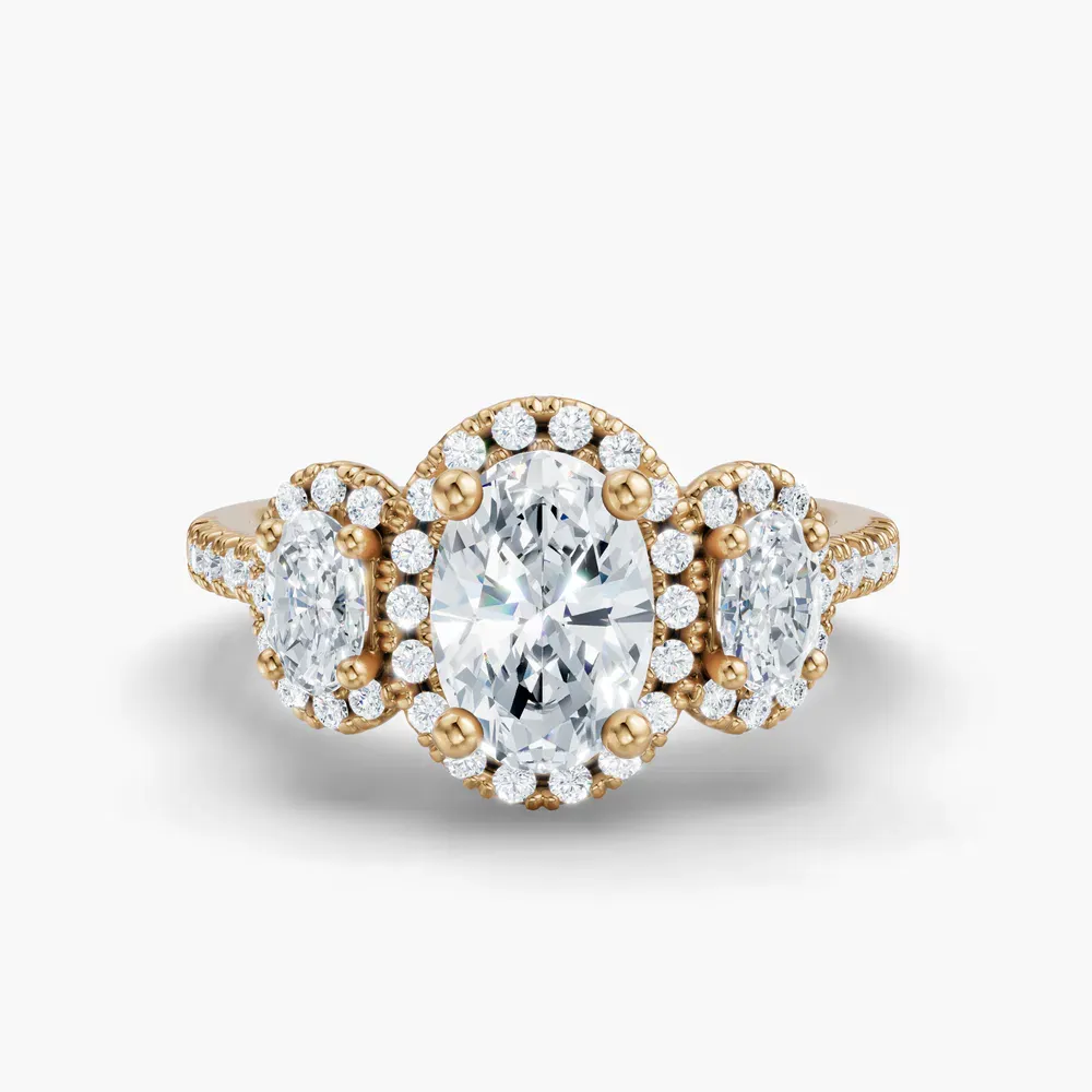 Certified 1 carat Lab Grown Diamond Oval Cut Pavé, Three Stone, Halo Engagement Ring in 18K Yellow Gold-Norell