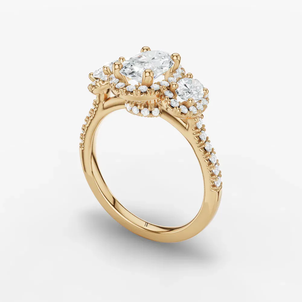 Certified 1 carat Lab Grown Diamond Oval Cut Pavé, Three Stone, Halo Engagement Ring in 18K Yellow Gold-Norell