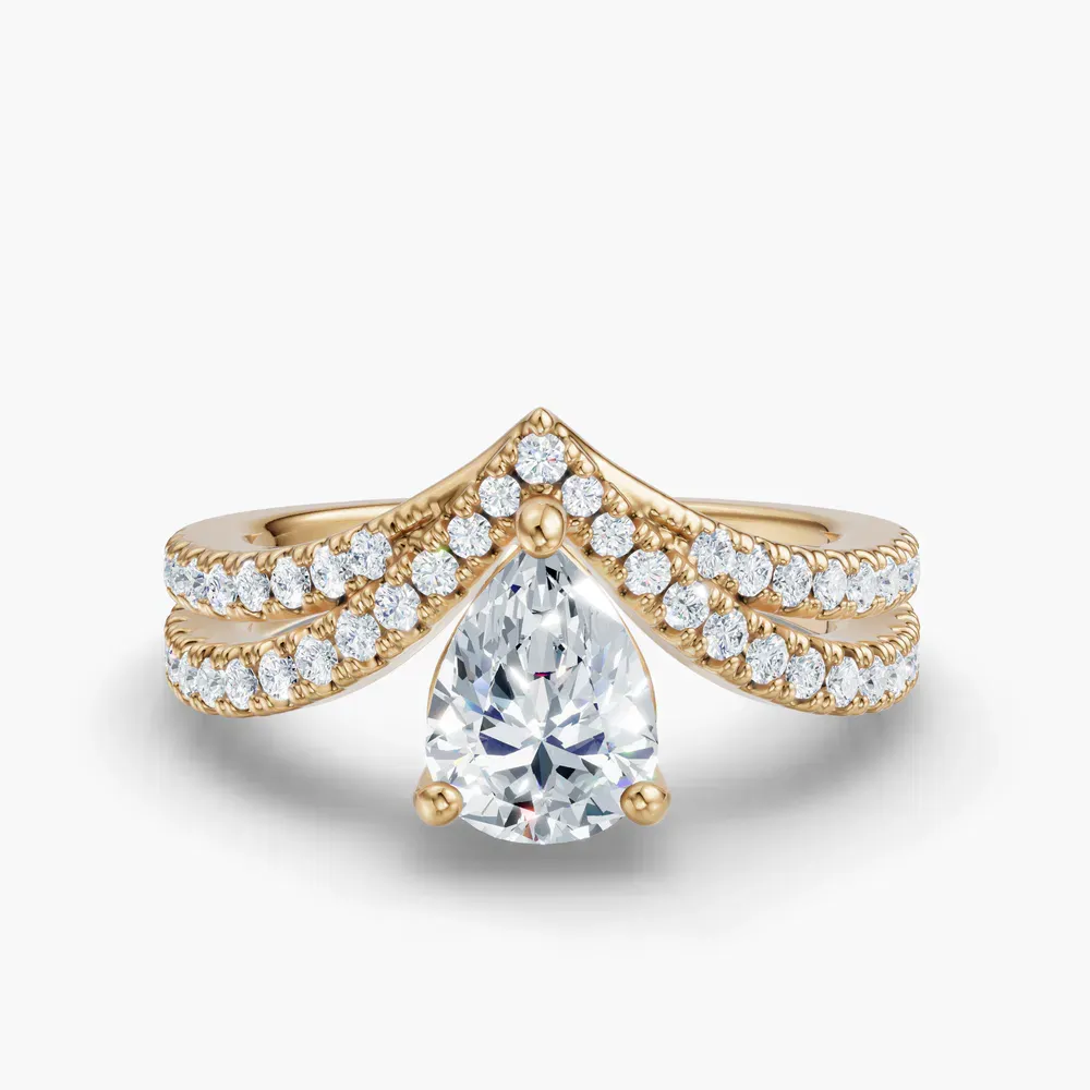 Certified 1 carat Lab Grown Diamond Pear Cut Pavé, Unique, Floating Engagement Ring in 18K Yellow Gold-Soli