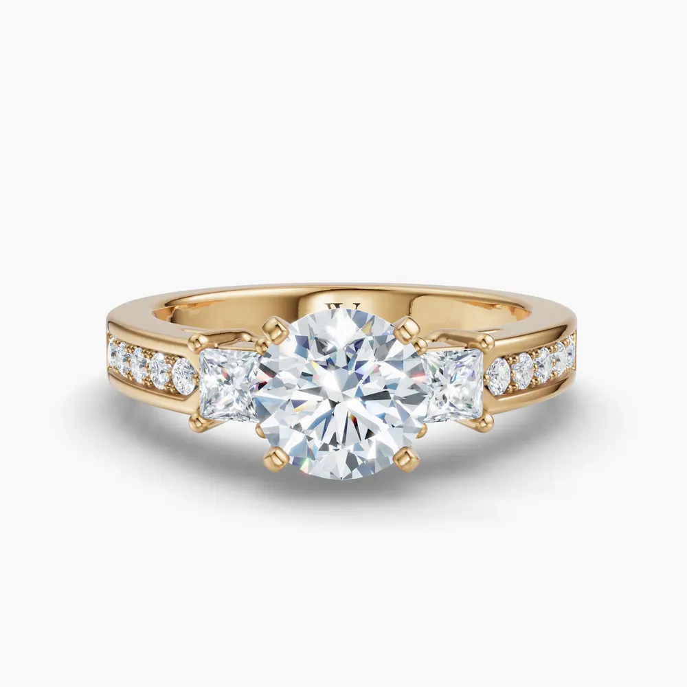 Certified 1 carat Lab Grown Diamond Round Cut Three Stone, Pavé, Channel Set Engagement Ring in 18K Yellow Gold-Velis