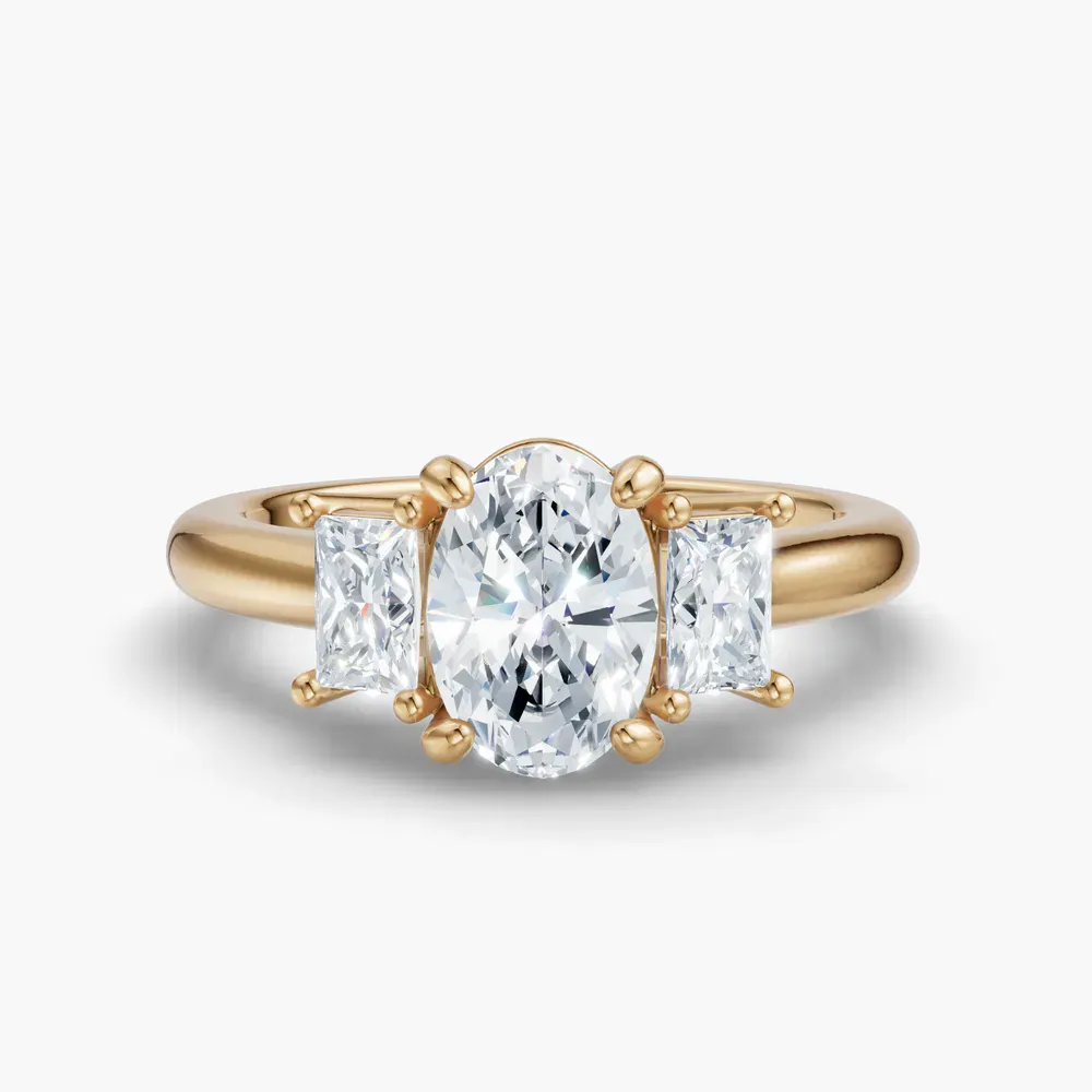 Certified 1 carat Lab Grown Diamond Oval Cut Three Stone, Side Stone Engagement Ring in 18K Yellow Gold-Dravon