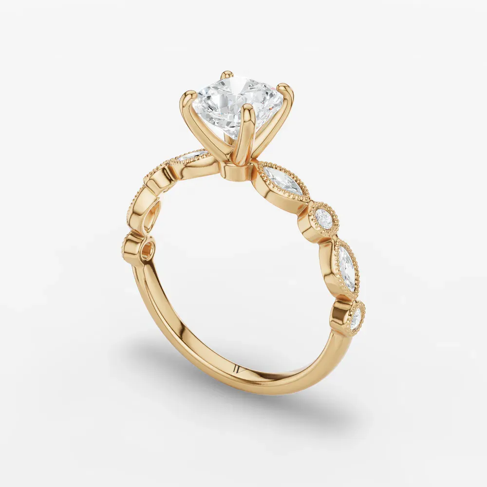 Certified 1 carat Lab Grown Diamond Cushion Cut Vintage, Milgrain, Side Stone Engagement Ring in 14K Yellow Gold-Sior
