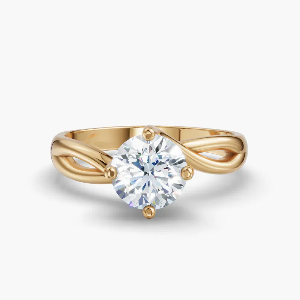 Certified 1 carat Lab Grown Diamond Round Cut Solitaire, Split Shank, Twist Engagement Ring in 14K Yellow Gold-Ruby