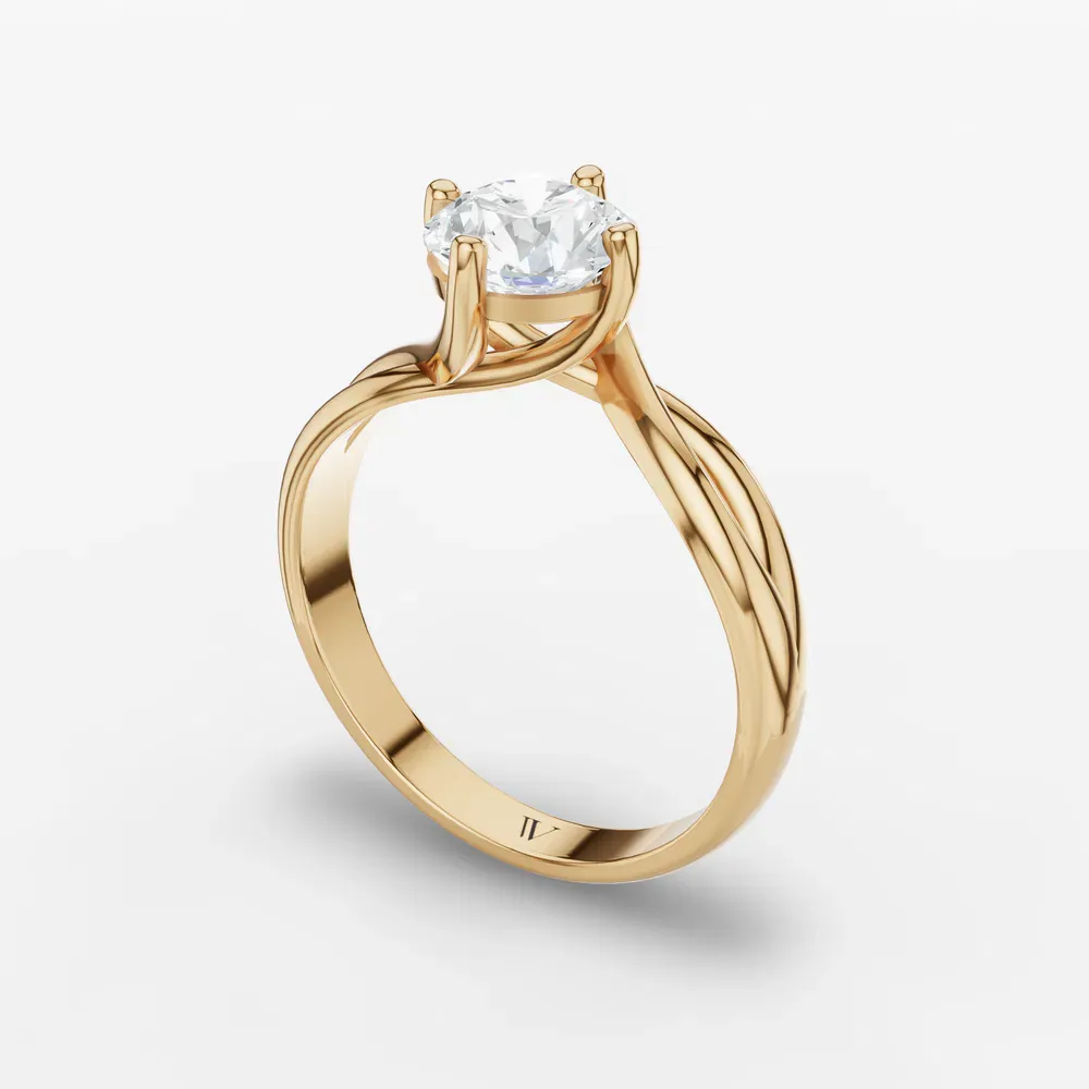 Certified 1 carat Lab Grown Diamond Round Cut Solitaire, Split Shank, Twist Engagement Ring in 14K Yellow Gold-Ruby