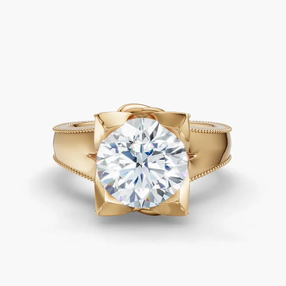 Certified 1 carat Lab Grown Diamond Round Cut Solitaire, Twist, Milgrain Engagement Ring in 18K Yellow Gold-Ivryn