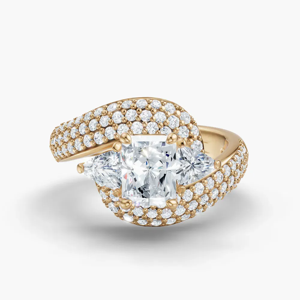 Certified 1 carat Lab Grown Diamond Radiant Cut Three Stone, Pavé, Side Stone Engagement Ring in 18K Yellow Gold-Serene