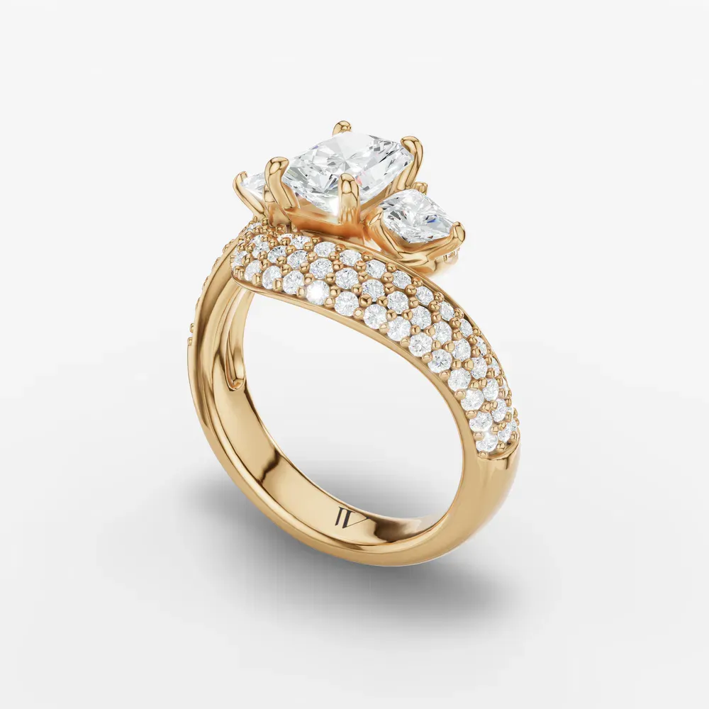 Certified 1 carat Lab Grown Diamond Radiant Cut Three Stone, Pavé, Side Stone Engagement Ring in 18K Yellow Gold-Serene