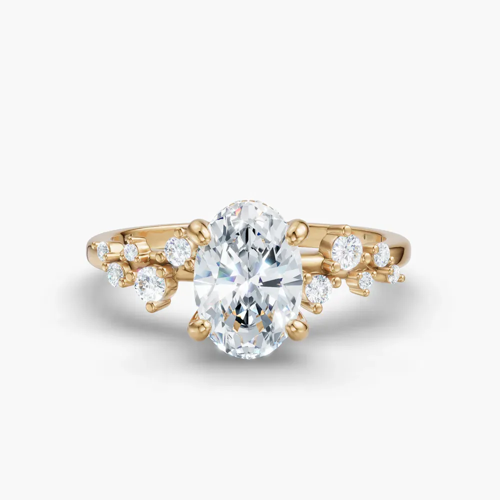 Certified 1 carat Lab Grown Diamond Oval Cut Hidden Halo, Side Stone Engagement Ring in 14K Yellow Gold-Astraea