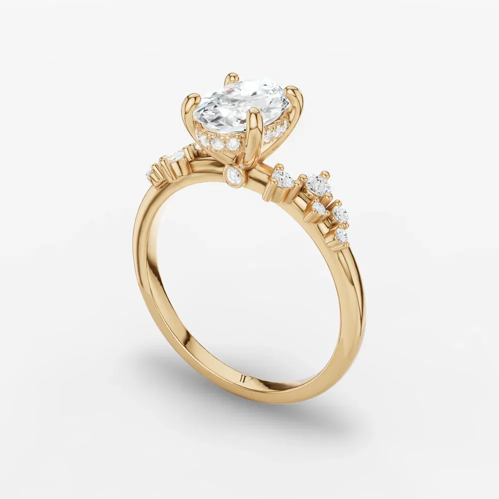 Certified 1 carat Lab Grown Diamond Oval Cut Hidden Halo, Side Stone Engagement Ring in 14K Yellow Gold-Astraea