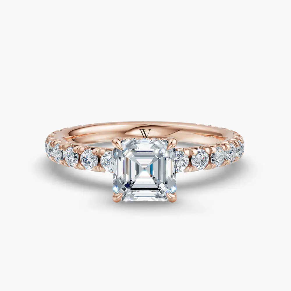 Certified 1 carat Lab Grown Diamond Asscher Cut Pavé, Hidden Halo, Low profile Engagement Ring in 14K Rose Gold-Cyrra