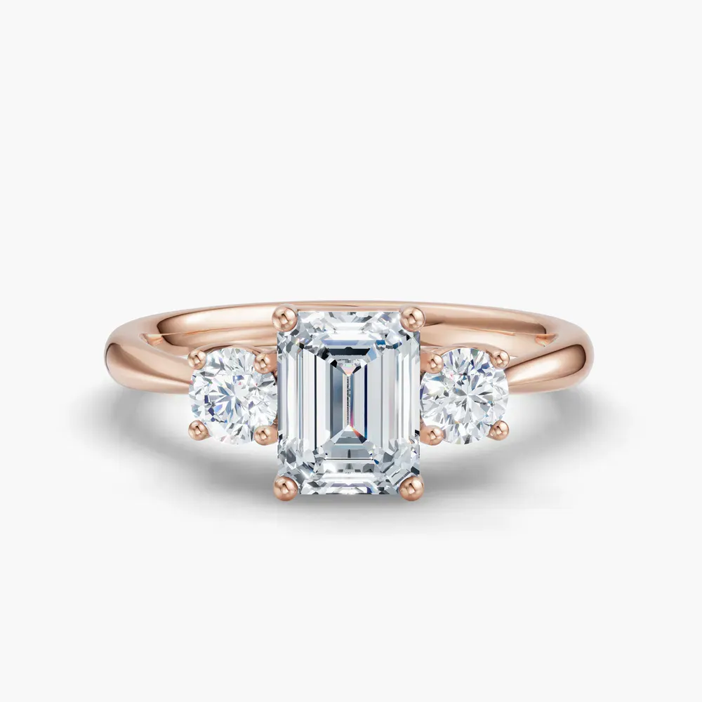Certified 1 carat Lab Grown Diamond Emerald Cut Three Stone, Side Stone, Low profile Engagement Ring in 14K Rose Gold-Dhyra