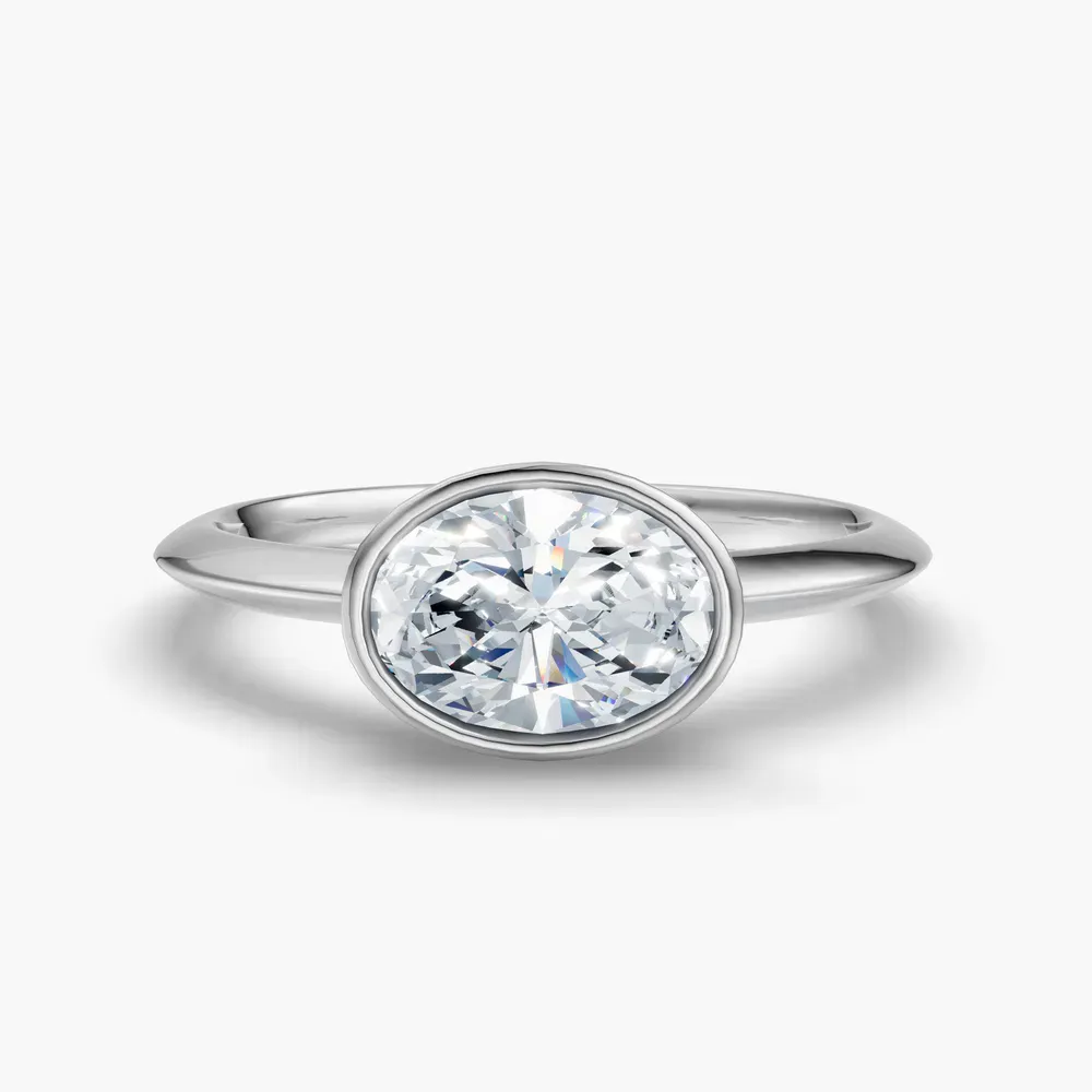 Certified 1 carat Lab Grown Diamond Oval Cut Bezel, East-West, Solitaire Engagement Ring in 14K White Gold-Galen