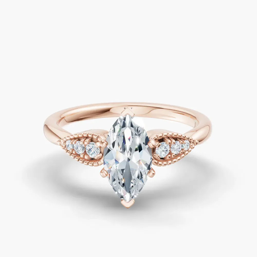Certified 1 carat Lab Grown Diamond Marquise Cut Milgrain, Vintage, Side Stone Engagement Ring in 14K Rose Gold-Yerlin