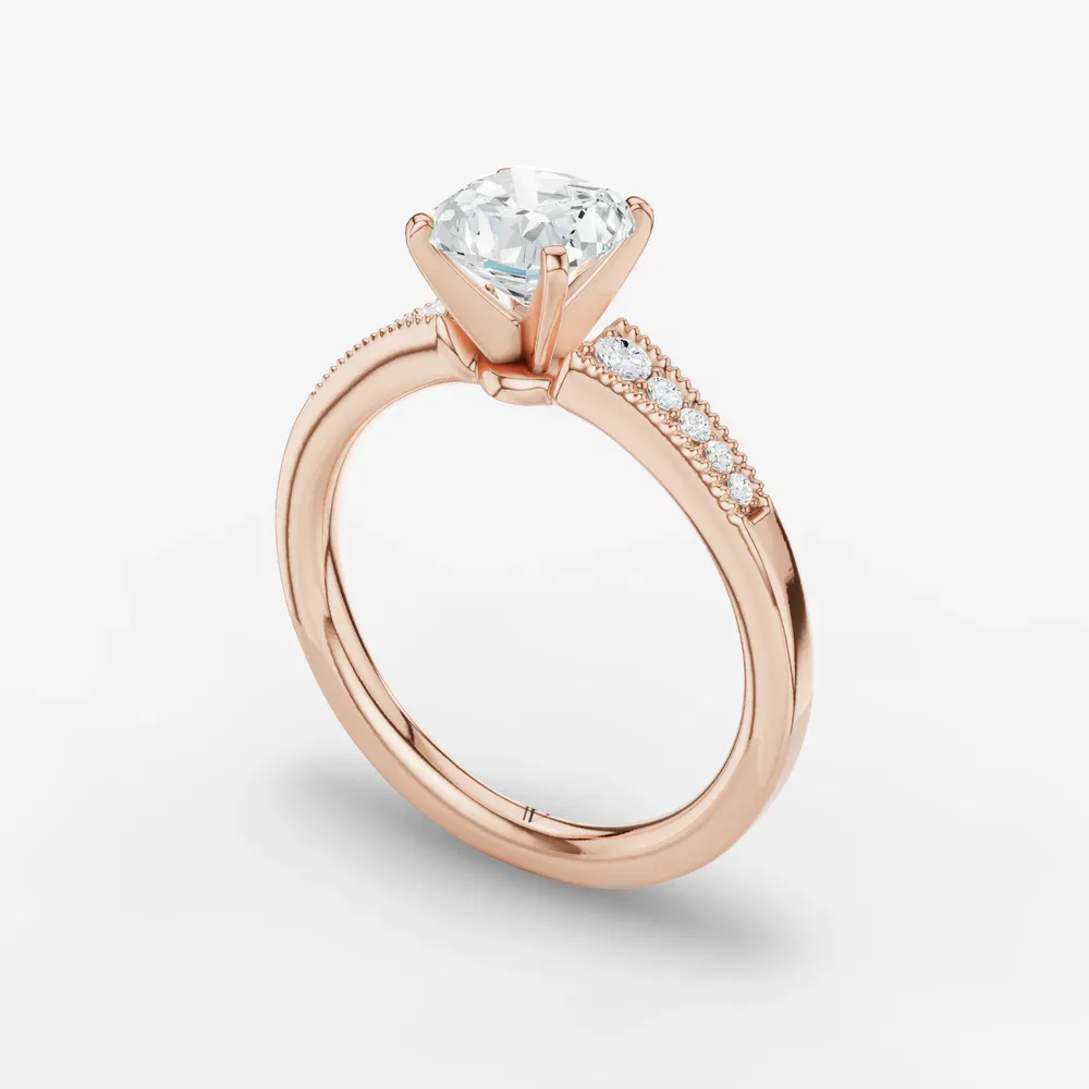 Certified 1 carat Lab Grown Diamond Cushion Cut Milgrain, Pavé, Side Stone Engagement Ring in 14K Rose Gold-Rosca