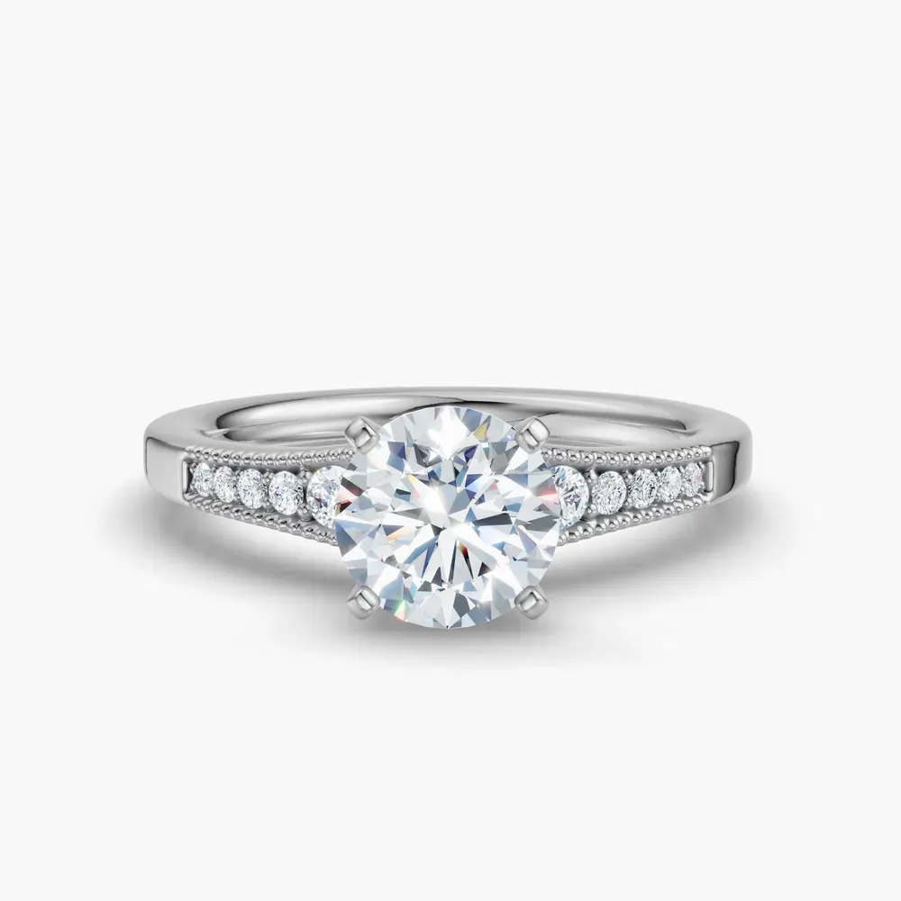 Certified 1 carat Lab Grown Diamond Round Cut Milgrain, Pavé, Four Prong Engagement Ring in 14K White Gold-Rosca